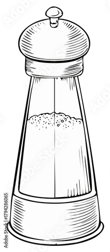 Classic Salt Shaker Illustration. Drawn Style, Black and White. Kitchenware, Food Seasoning