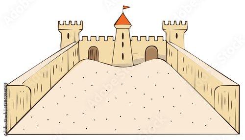 Cartoon Sandcastle with Turrets Walls and Flag Summertime Fun Creative Childlike