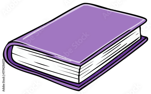 A simple illustration of a closed purple hardcover book with white pages and a black outline