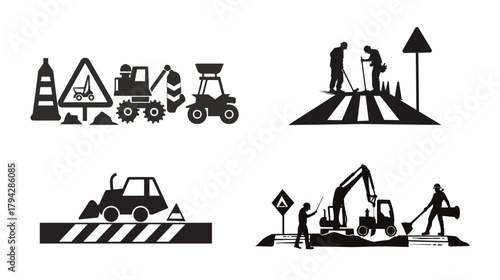 Road construction silhouette icon – worker and tools sign