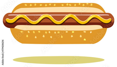 Cartoon illustration of a delicious hot dog with mustard, bun and sausage.