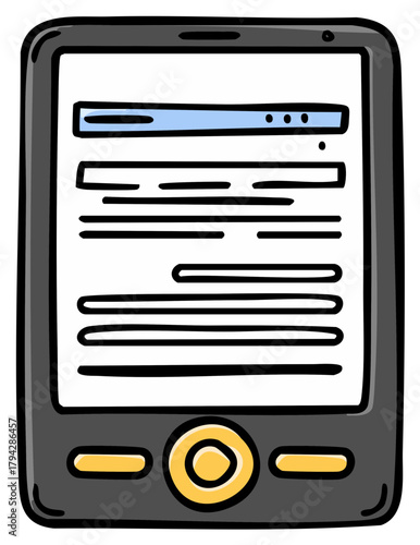 Hand-drawn doodle e-reader device icon, electronic book with screen displaying text.