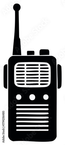 Black silhouette of a walkie-talkie communication device with an antenna isolated on white.