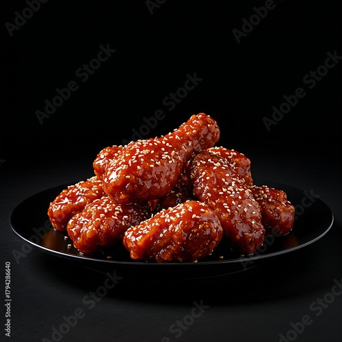 Crispy dakgangjeong 닭강정 (sweet and spicy fried chicken) with glossy red glaze and sesame seeds, on a black plate against a black background. emphasizes the crunchy texture and bold sauce, with dramati