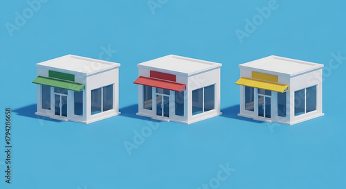 Fototapeta Naklejka Na Ścianę i Meble -  Three isometric storefronts with colored awnings on blue background shop building