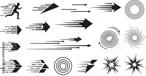 Speed and motion icon set, dynamic silhouette vector symbols, running person, arrows, spiral shapes, acceleration design pack, flat vector illustration