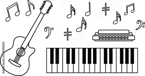 Musical instrument icons, guitar harmonica piano, music notes and symbols, black vector design, education theme, flat vector illustration