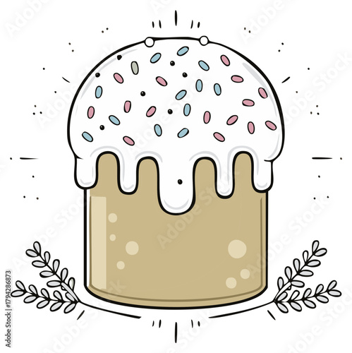 Cartoon Easter cake with icing and sprinkles surrounded by decorative leaves, vector illustration