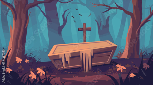 Scary coffin with cross vector flat design