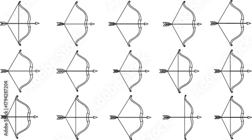 Bow and arrow grid, black silhouette icons, archery theme, symmetrical weapon layout, hunting symbol set, flat vector illustration