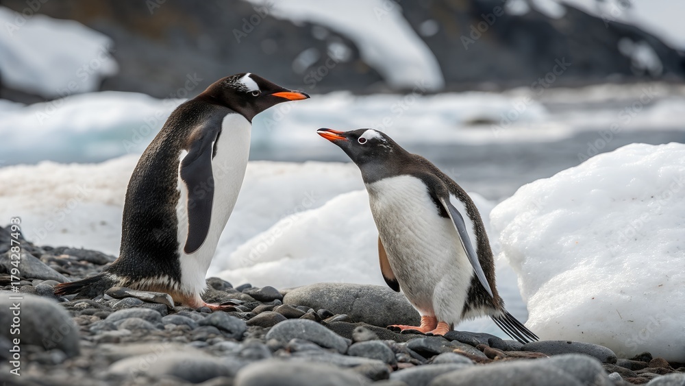 Fototapeta premium Pair of Gentoo Penguins on Pebbles with Snowy Background – Wildlife Scene.