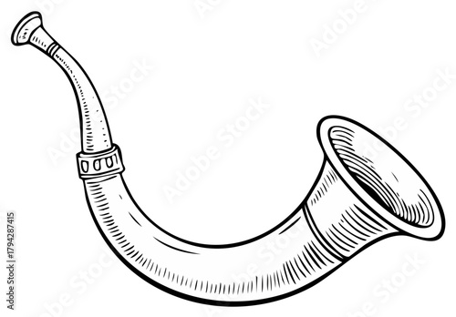 Illustration of a shofar musical instrument  in an engraved line art style