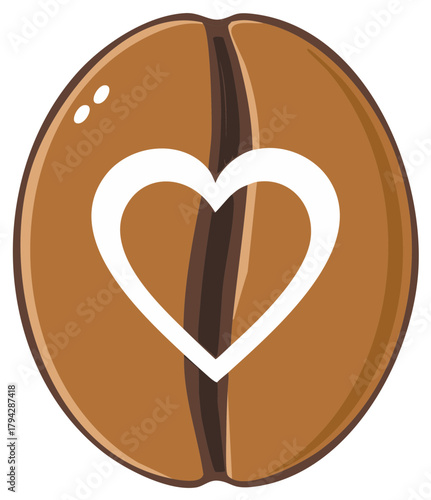 Vector illustration of a brown coffee bean with a white heart, symbolizing coffee love and passion.