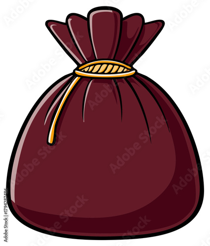 Cartoon illustration of a closed drawstring bag with a rope tie around its neck and a dark red color