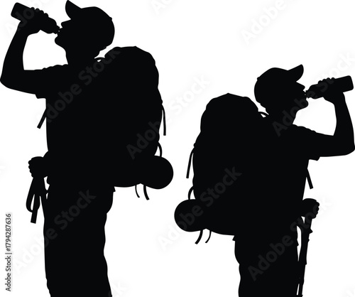 Hiker silhouettes drinking water, backpackers resting, outdoor adventure scene, hydration moment, camping gear, black vector design, flat vector illustration