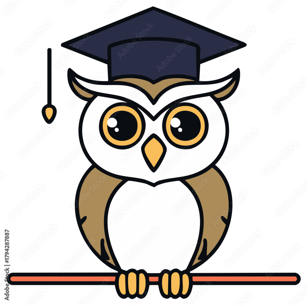Fototapeta premium Wise cartoon owl wearing graduation cap with tassel symbolizing education and knowledge