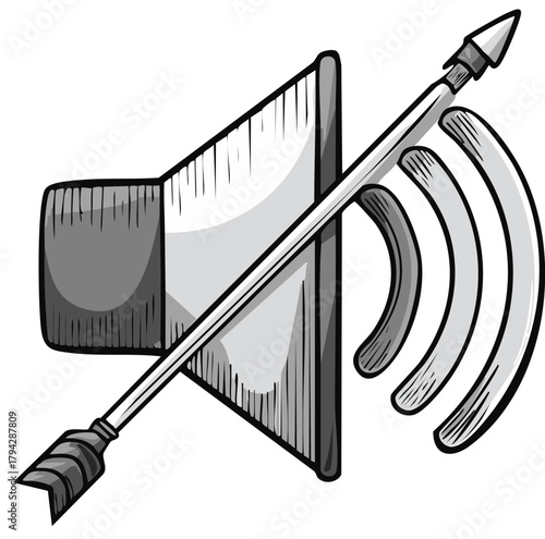 Cartoon illustration of a muted speaker with an arrow piercing it to silence the sound signal or volume