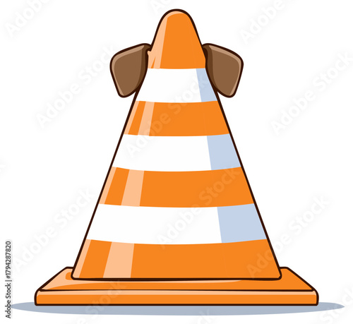 Orange and white traffic cone with brown dog ears on top cartoon illustration