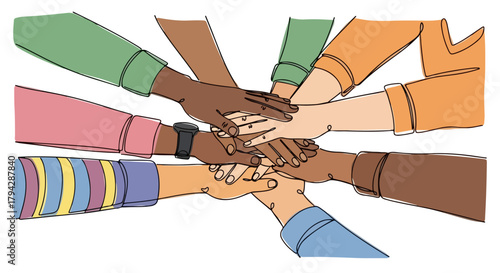 One continuous line drawing of diverse hands together - representing unity and teamwork, d