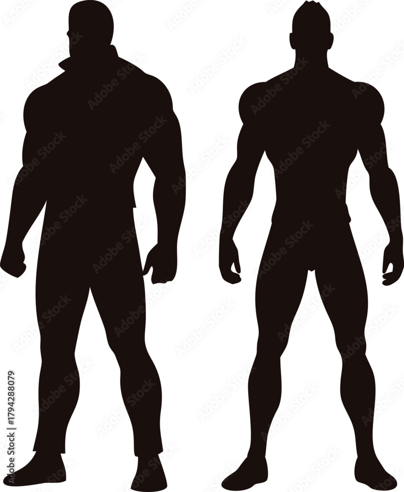 Naklejka premium Two muscular male figures stand in silhouette against a art on transparent background