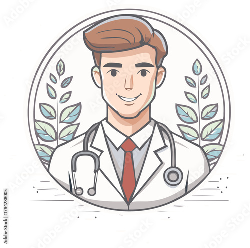 Medical doctor portrait smiling wearing stethoscope within circle with leaves.