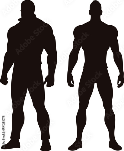 Two muscular male figures stand in silhouette against a art on transparent background
