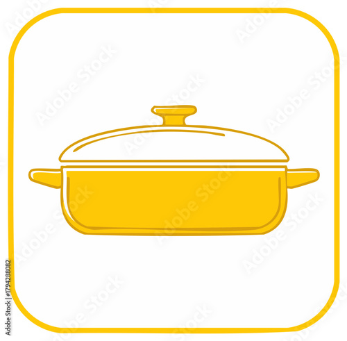 Golden casserole dish with lid, clean outline illustration, culinary icon