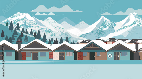 Flat style ski lodge illustration with snowy mountain scenery