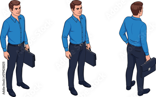Businessman standing with briefcase, professional office worker in blue shirt and black pants, corporate employee character illustration design