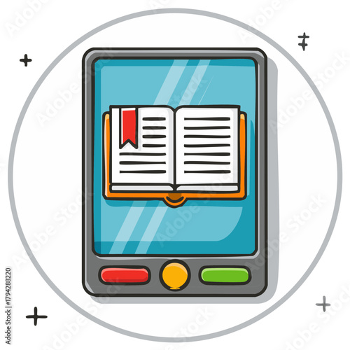 Digital book and tablet with buttons illustration featuring ebook reading and education themes