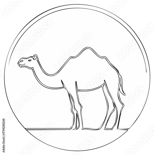 Minimalist line art of a camel standing inside a circular frame