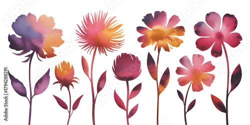 Watercolor flower silhouettes with soft edge bleeding and artistic texture