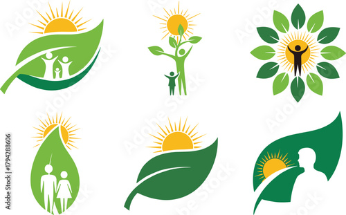 Eco family and nature wellness logo collection with sun, leaf, and people silhouettes symbolizing health, sustainability, and harmony