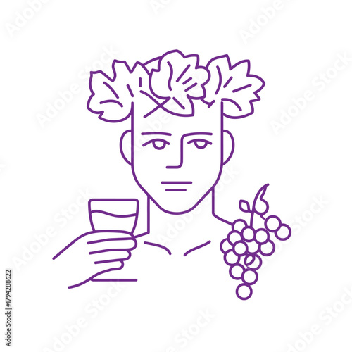 Stylized illustration of person with grape garland and wine glass