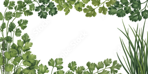 Watercolor kitchen herb frame with parsley, cilantro, and chives 