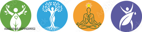 Eco yoga meditation human tree logo set with nature wellness, balance, mindfulness, health, organic life, harmony, and vitality