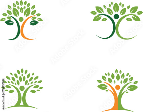 Eco friendly human tree logo set, nature wellness concept, organic growth, health care, sustainability, life balance, environment green design illustration