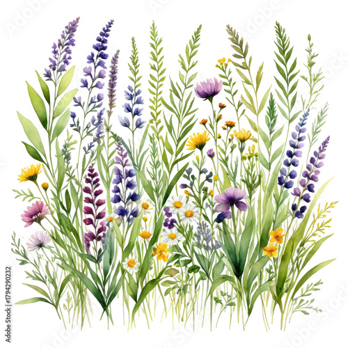 Floral Lush watercolor meadow filled with blooming flowers and tall grasses