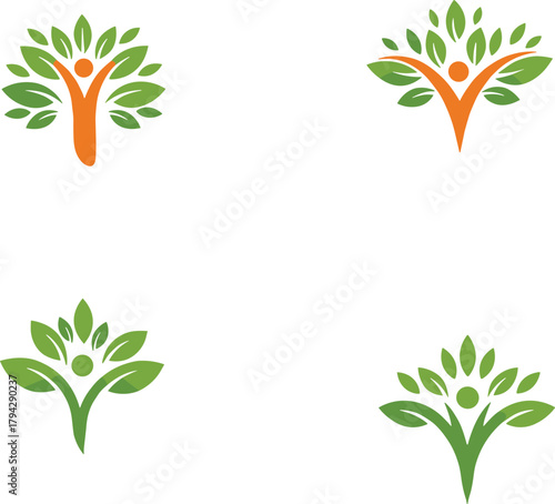 Human tree logo set, eco friendly green nature concept, health wellness design, organic growth, life balance, environment sustainability illustration