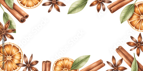 Watercolor spice frame with cinnamon, star anise, and dried orange peels