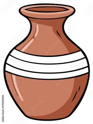 Brown ceramic vase with white stripes, classic pottery design. Pottery vessel with bands, art, container