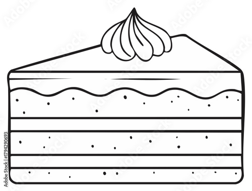 Black and white drawing of a layered cake slice with frosting