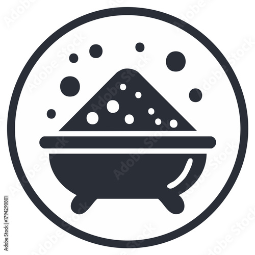 Minimalist icon of a cooking pot or cauldron with bubbling granular powder and floating particles