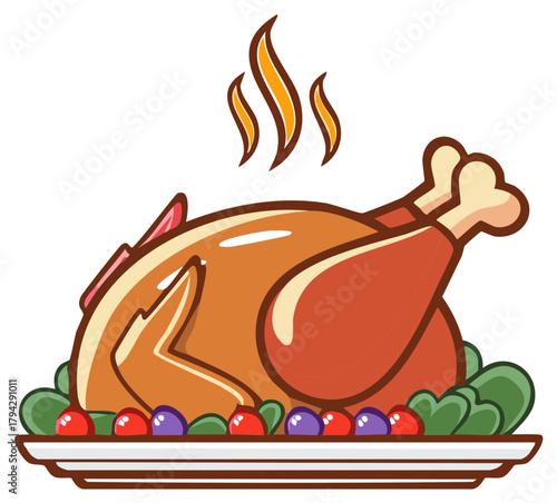 Roasted turkey on a platter with steam, vegetables, and berries, vector illustration
