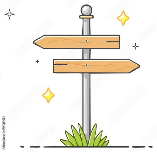 Whimsical wooden directional signpost with stars and grass