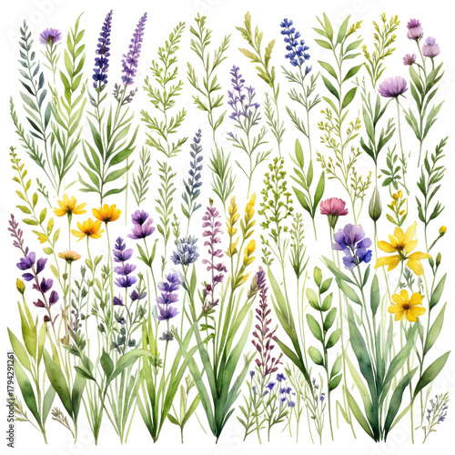 Watercolor wild flower field with colorful blooms and green foliage