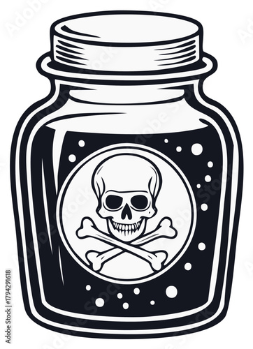 Bottle of Poison with Skull and Crossbones Black and White Illustration