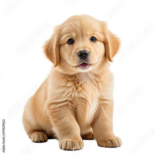 Fluffy golden puppy sitting sweetly with a charming, happy expression