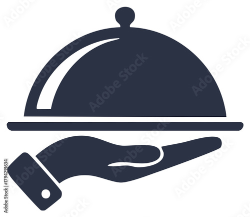 Hospitality and catering service icon with a hand holding a covered food platter or cloche