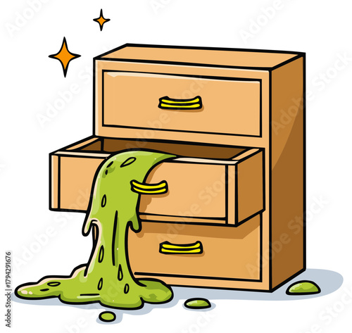 Mysterious green slime overflowing from a sparkling wooden filing cabinet drawer cartoon illustration